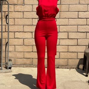Red bootleg jumpsuit
